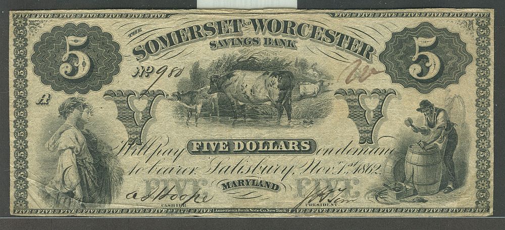 Salisbury, MD, Somerset and Worcester Savings Bank, 1862 $5, VF/XF